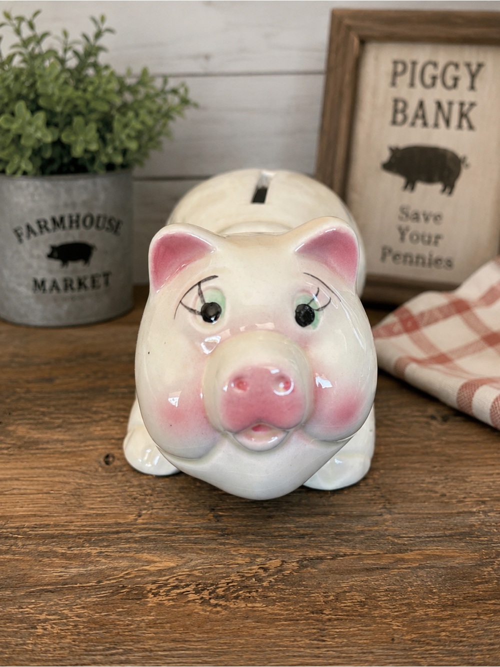 Vintage Novelty Piggy Bank Bottom Pig Ceramic Coin Bank 5”